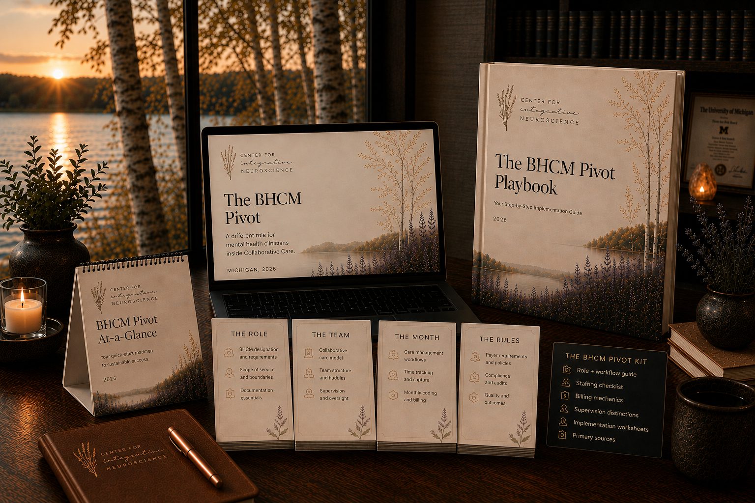 The BHCM Pivot Playbook shown as a printed guide, an on-screen guide, an at-a-glance roadmap, and four card sets: the role, the team, the month, the rules.