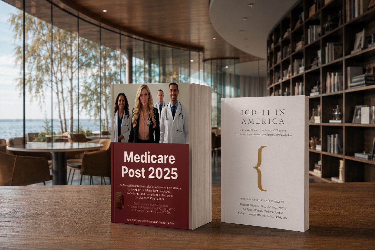 Medicare Post 2025 and ICD-11 in America standing together on a table at the institute, lake and library beyond