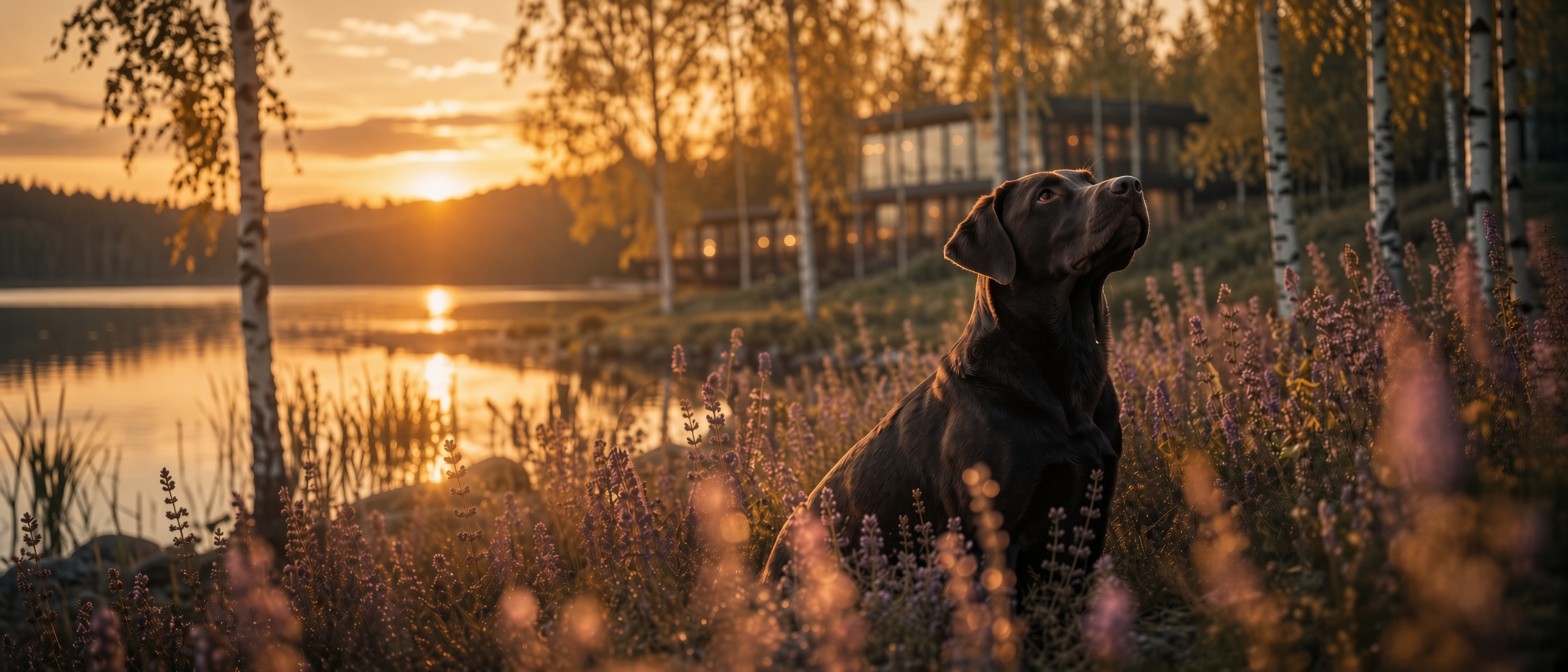A chocolate Labrador sitting among lavender at the edge of a northern Michigan lake at sunset, with birches and a low lakeside building behind