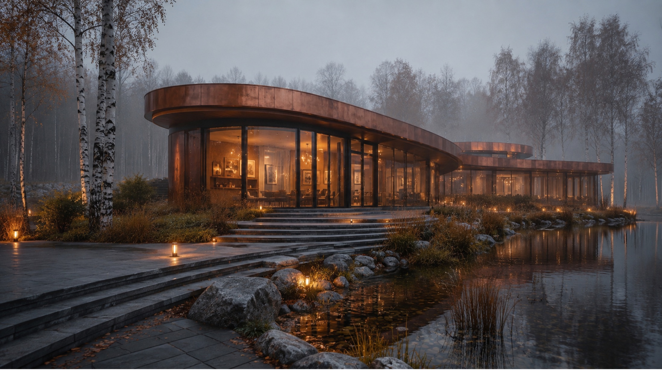 Architectural design study of a curved lakeside integrative-care campus among birch trees